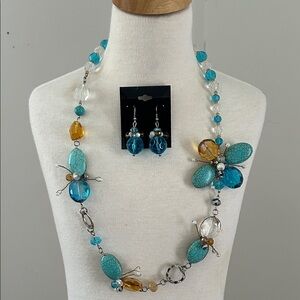 Faux Turquoise and Amber Glass and Acrylic  Bead Necklace & Earring Set